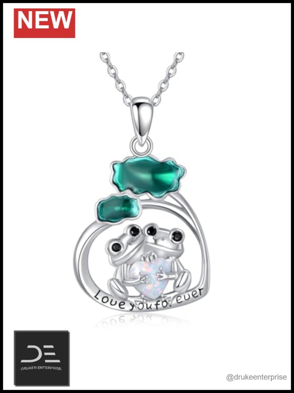 S925 Sterling Silver Frog Opal Heart Pendant Necklace "Love You Forever" Gift